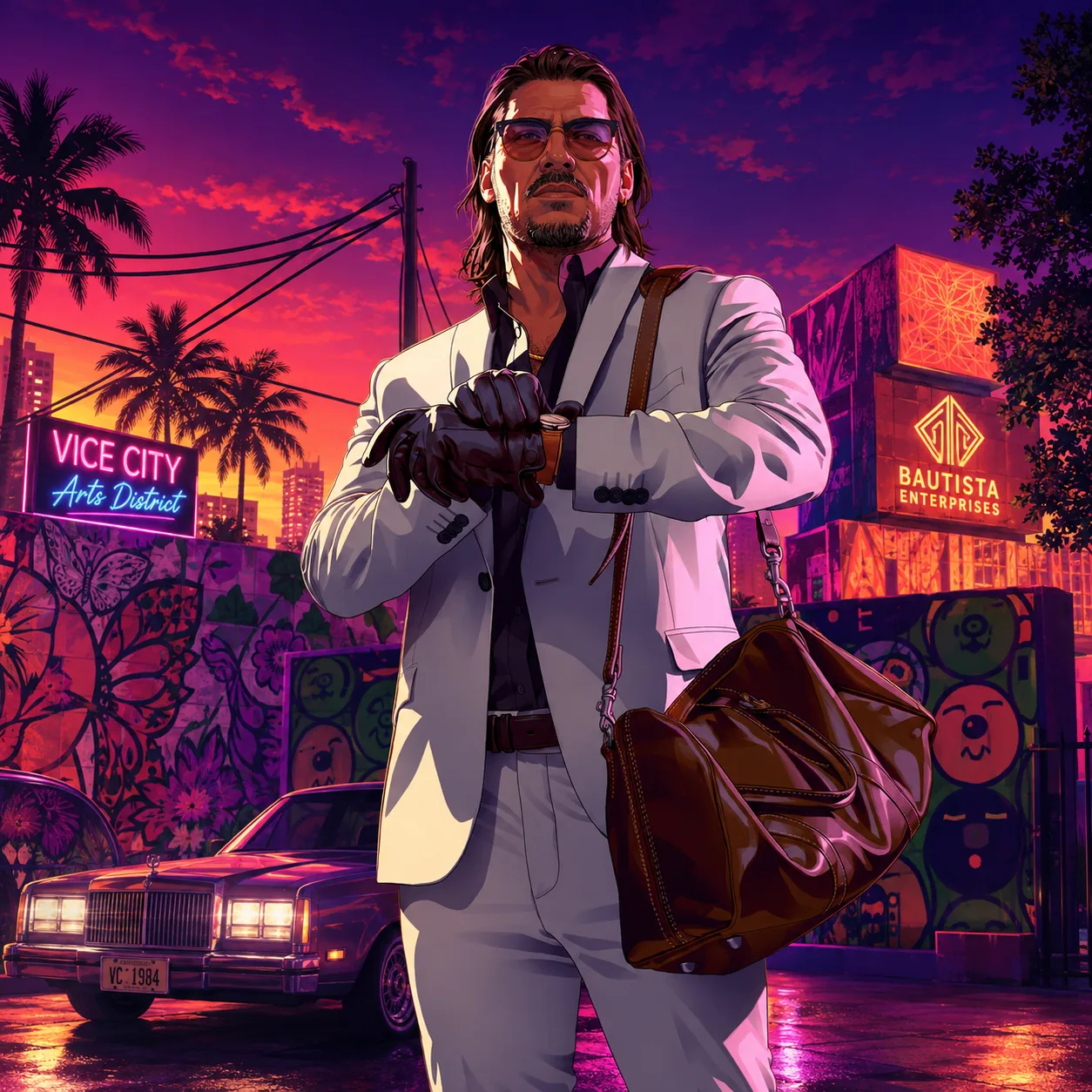 Illustrated Raul Bautista in a white suit, carrying a duffel bag along a city street.