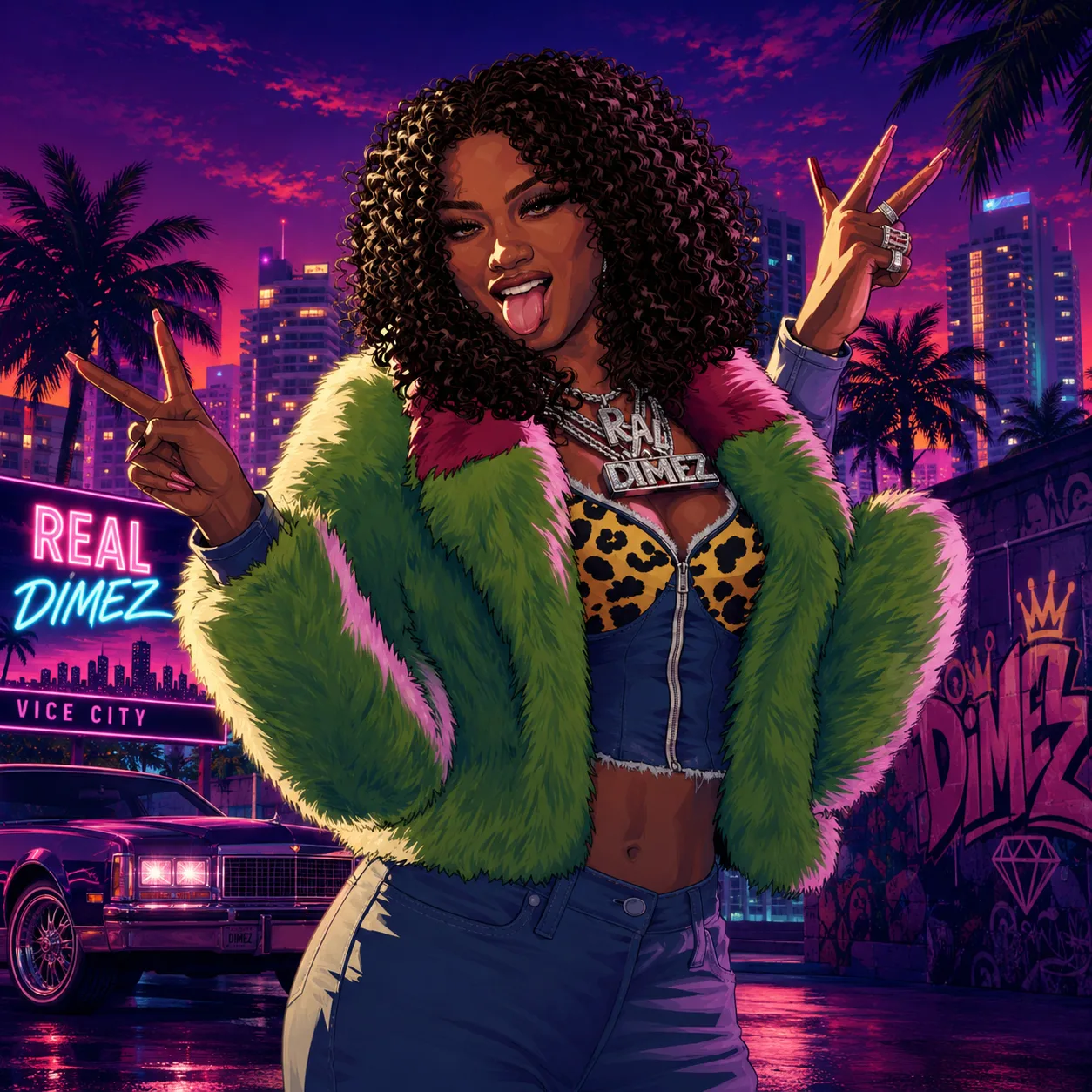Illustrated woman in a colorful jacket and jewelry beside a lowrider and graffiti.