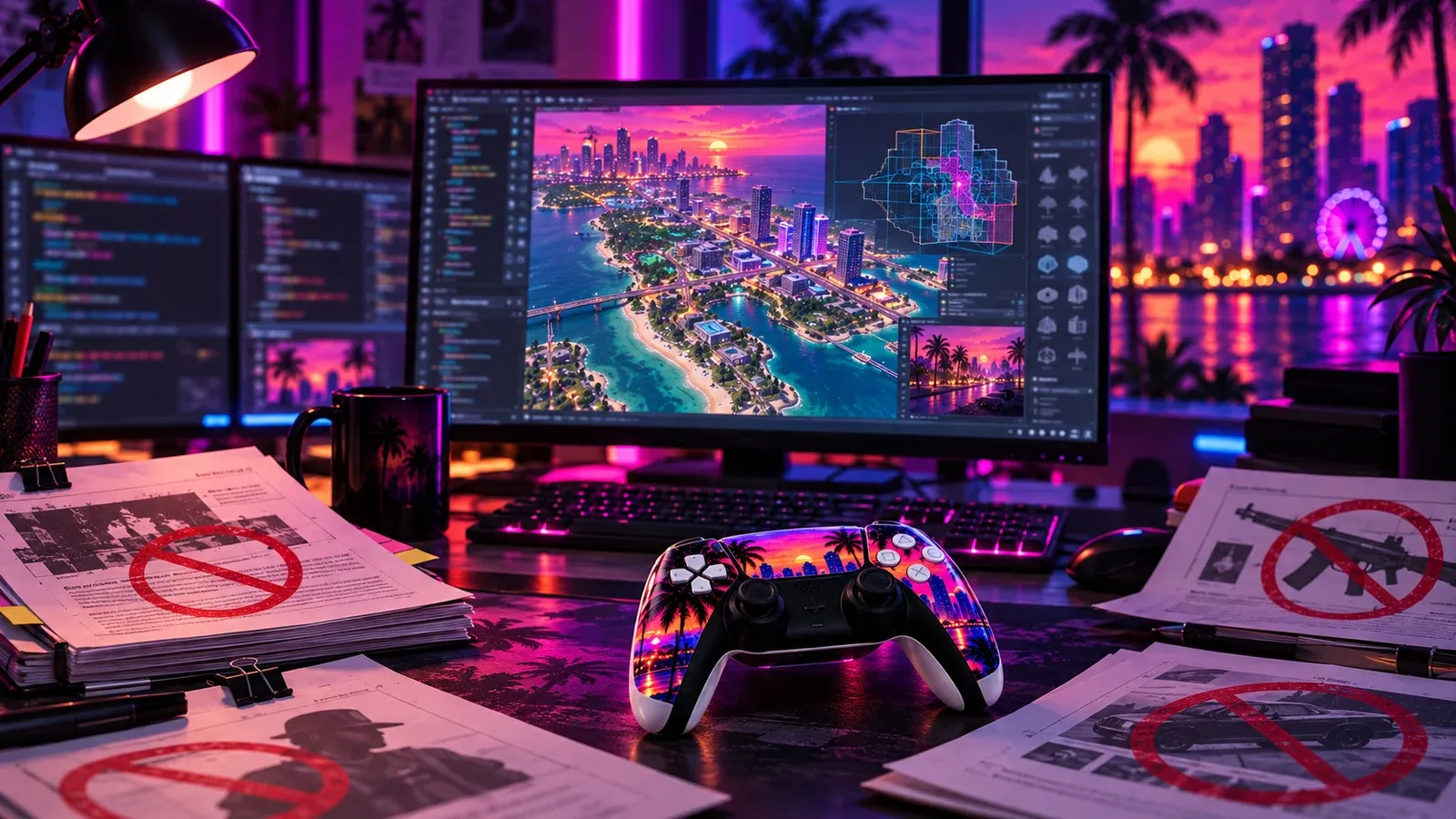 Developer workstation concept showing GTA 6 map files and modding rules